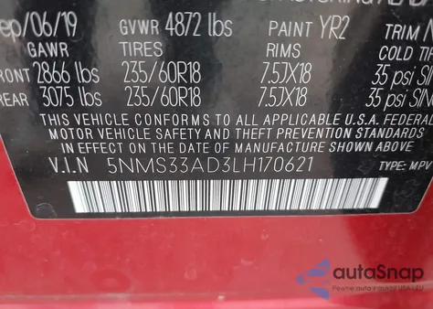 2020 Hyundai Santa Fe Sel из США, поврежденный, VIN 5NMS33AD3LH170621